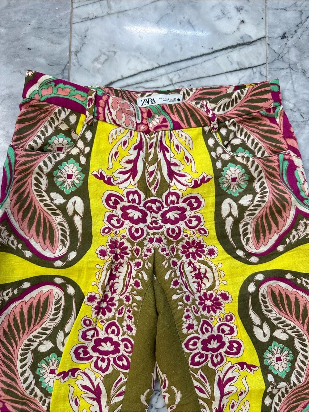 ZARA SET Bright Yellow Army Green Pink Linen Cotton Blend Blazer & Cropped Pants